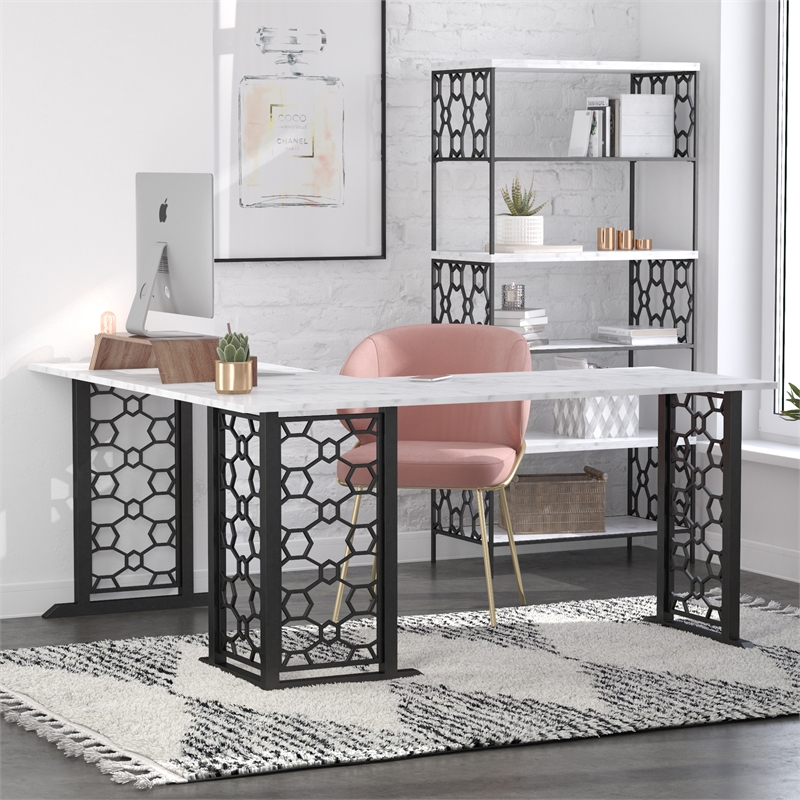CosmoLiving by Cosmopolitan Ella 5 Shelf Bookcase in White Faux Marble/Black