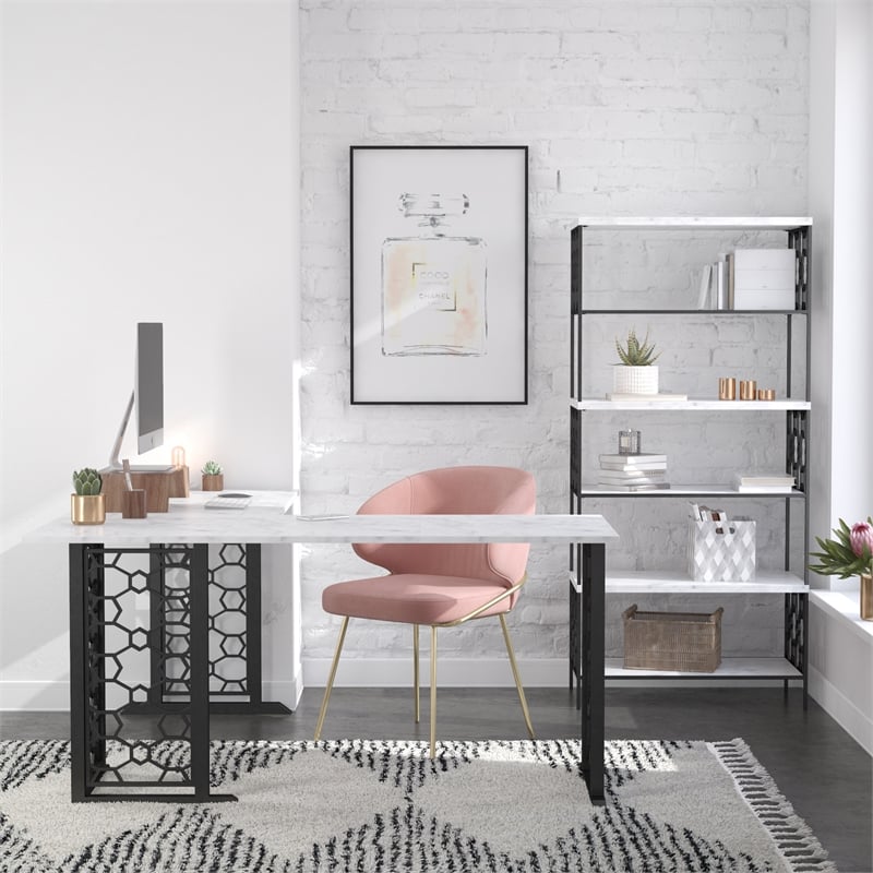 CosmoLiving by Cosmopolitan Ella 5 Shelf Bookcase in White Faux Marble/Black