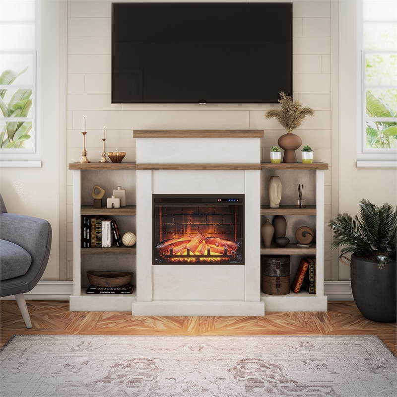 Ameriwood Home Gateswood Electric Fireplace Mantel & Bookcase - Plaster & Walnut