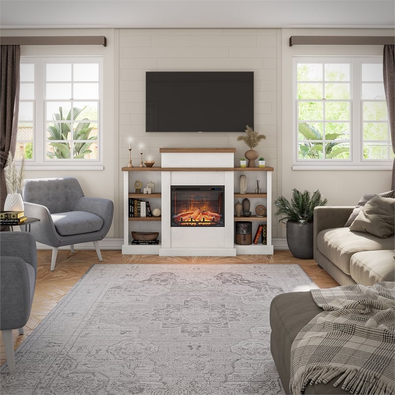 Ameriwood Home Gateswood Electric Fireplace Mantel & Bookcase - Plaster & Walnut