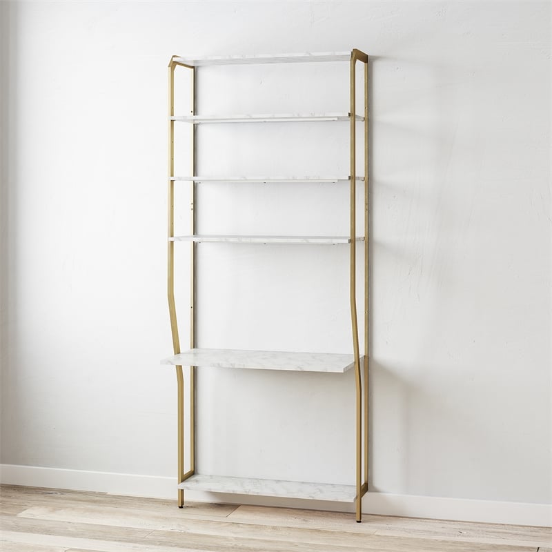 CosmoLiving by Cosmopolitan Gwyneth Closet Vanity in White Faux Marble & Bronze