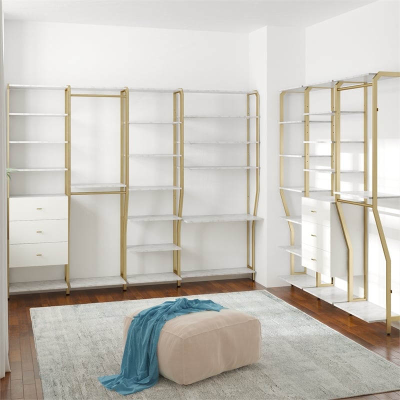 CosmoLiving by Cosmopolitan Gwyneth Closet Vanity in White Faux Marble & Bronze