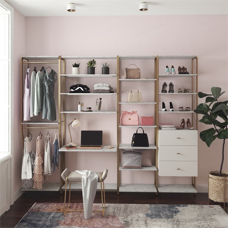 CosmoLiving by Cosmopolitan Gwyneth Closet Vanity in White Faux Marble & Bronze