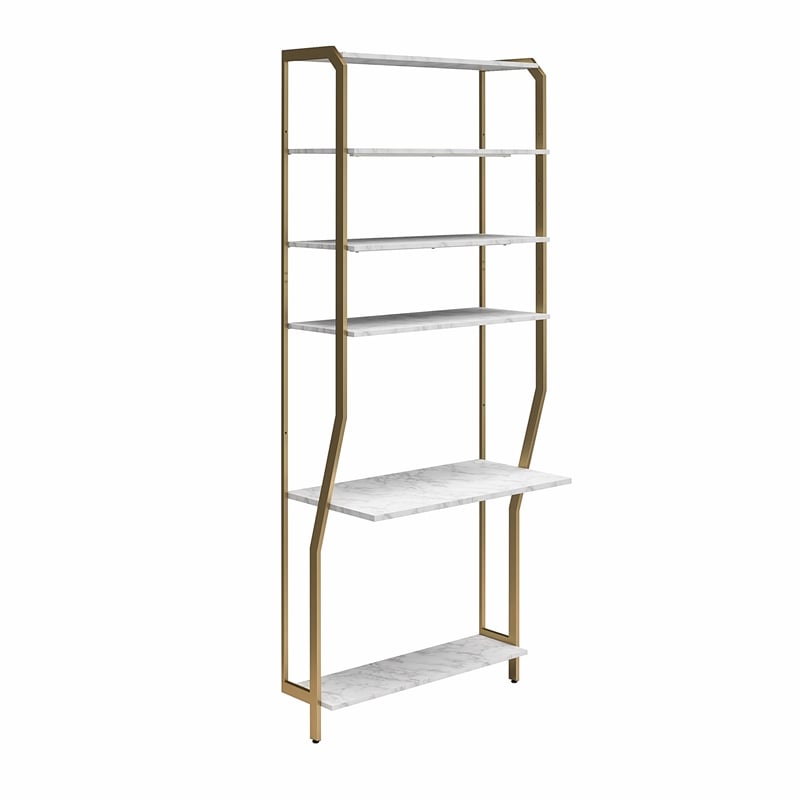 CosmoLiving by Cosmopolitan Gwyneth Closet Vanity in White Faux Marble & Bronze