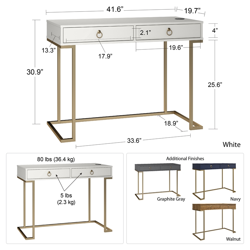 Ameriwood Home Serenity Engineered Wood & Metal Computer Desk in White/Gold