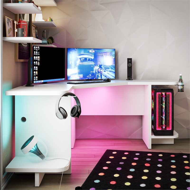 Ameriwood Home NTense Engineered Wood Gaming Desk with LED Light in White