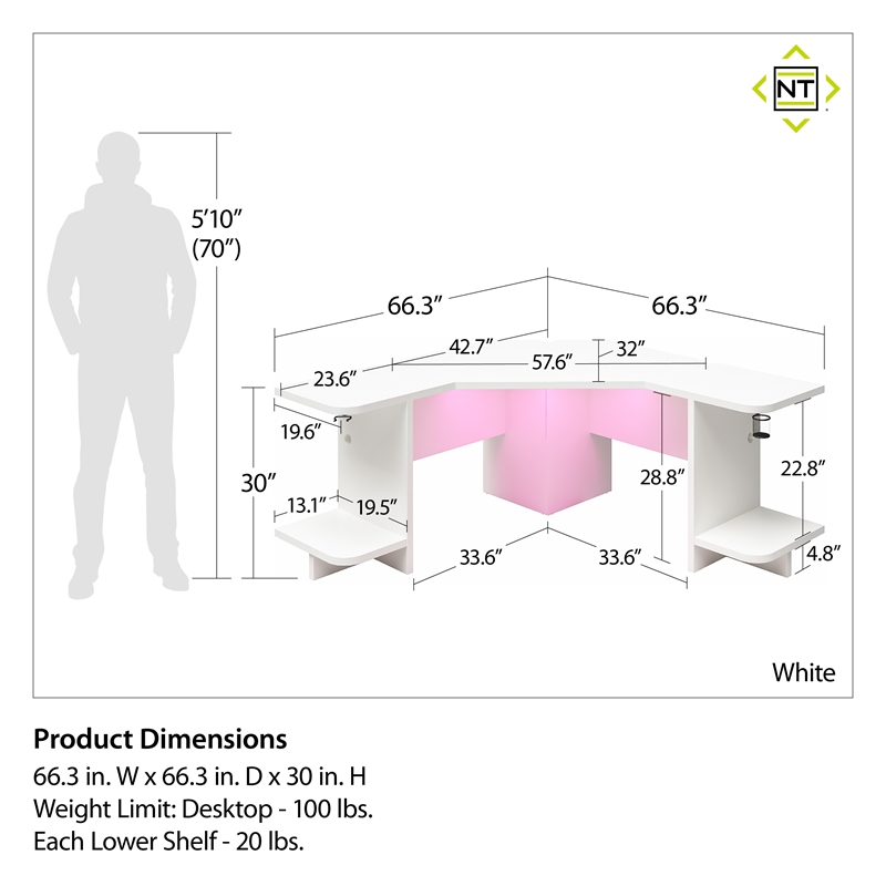 Ameriwood Home NTense Engineered Wood Gaming Desk with LED Light in White