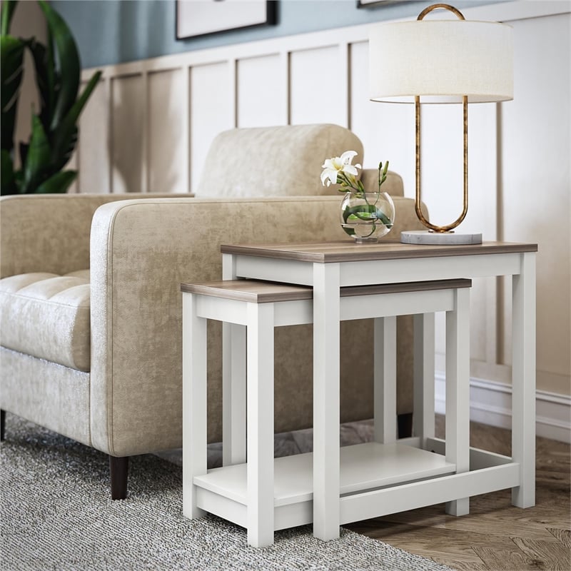 Ameriwood Home Chapel Hill Rustic Farmhouse 2 Nesting Tables - White w/Brown Oak