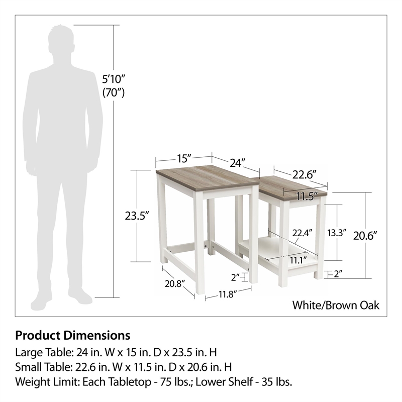 Ameriwood Home Chapel Hill Rustic Farmhouse 2 Nesting Tables - White w/Brown Oak