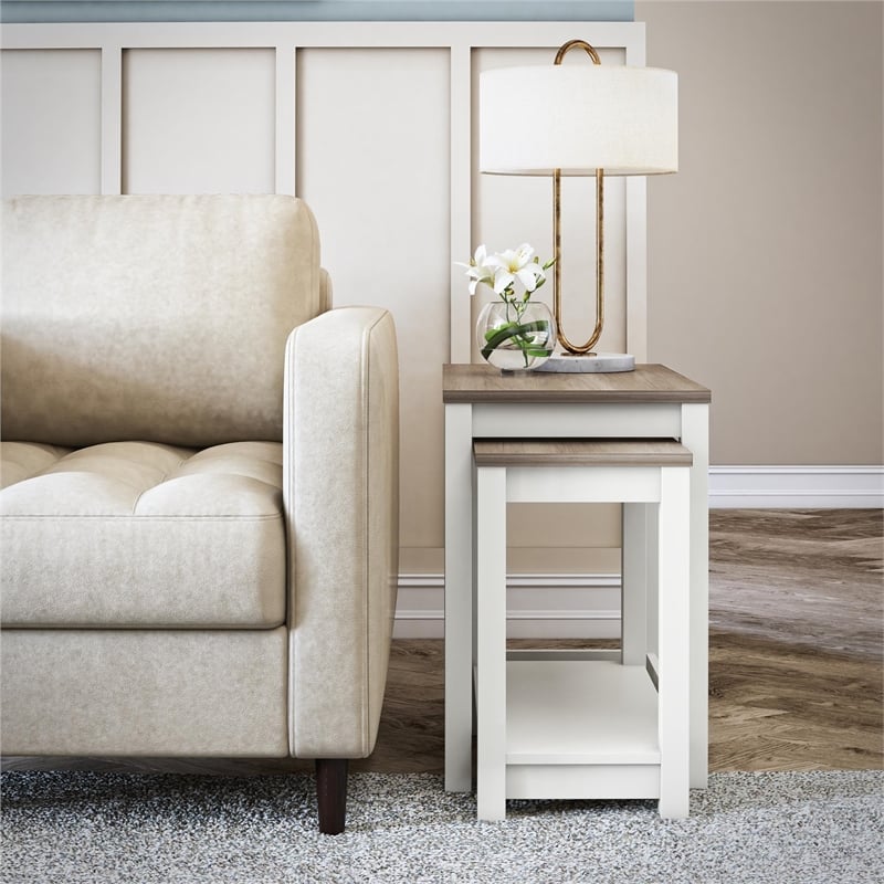 Ameriwood Home Chapel Hill Rustic Farmhouse 2 Nesting Tables - White w/Brown Oak