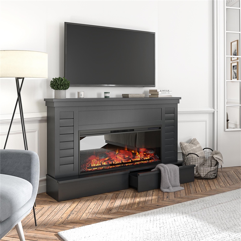 Ameriwood Home Hathaway Wide Shiplap Mantel w/Electric Fireplace in Black