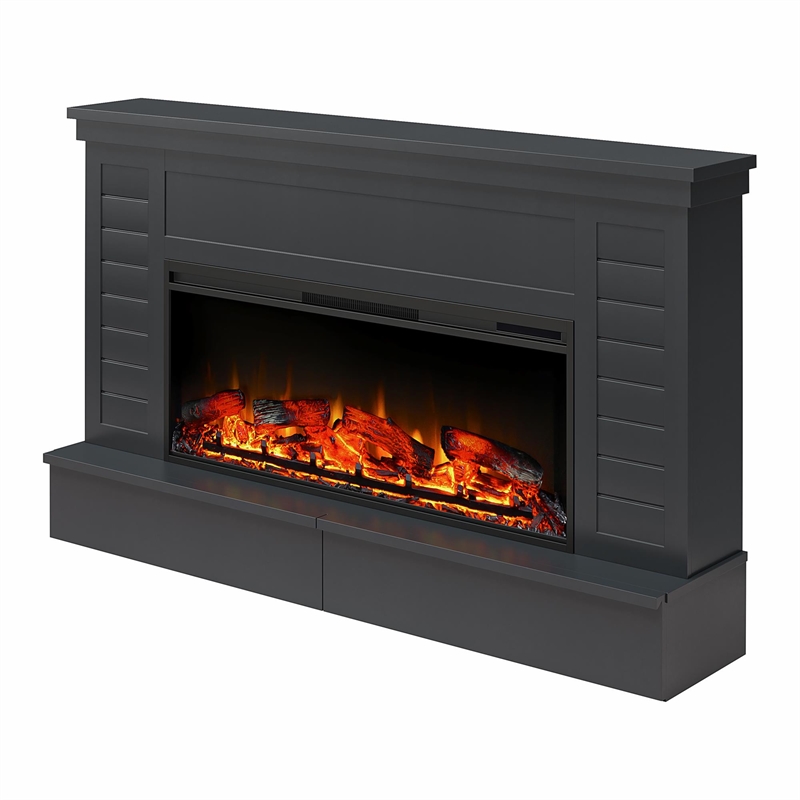 Ameriwood Home Hathaway Wide Shiplap Mantel w/Electric Fireplace in Black