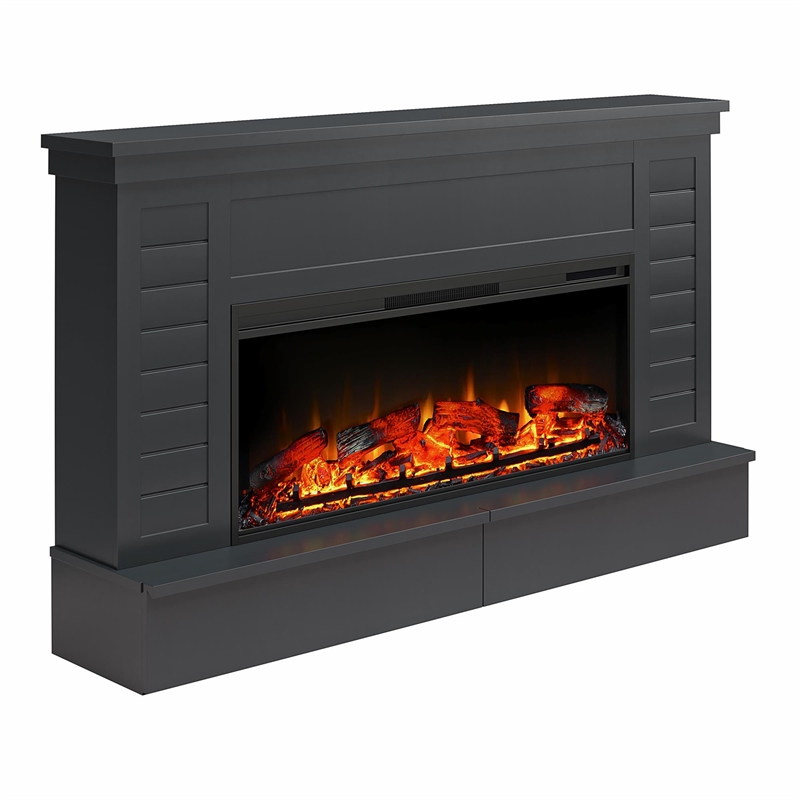 Ameriwood Home Hathaway Wide Shiplap Mantel w/Electric Fireplace in Black