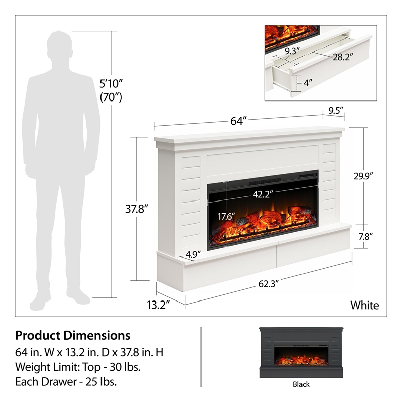 Ameriwood Home Hathaway Wide Shiplap Mantel w/Electric Fireplace in Black