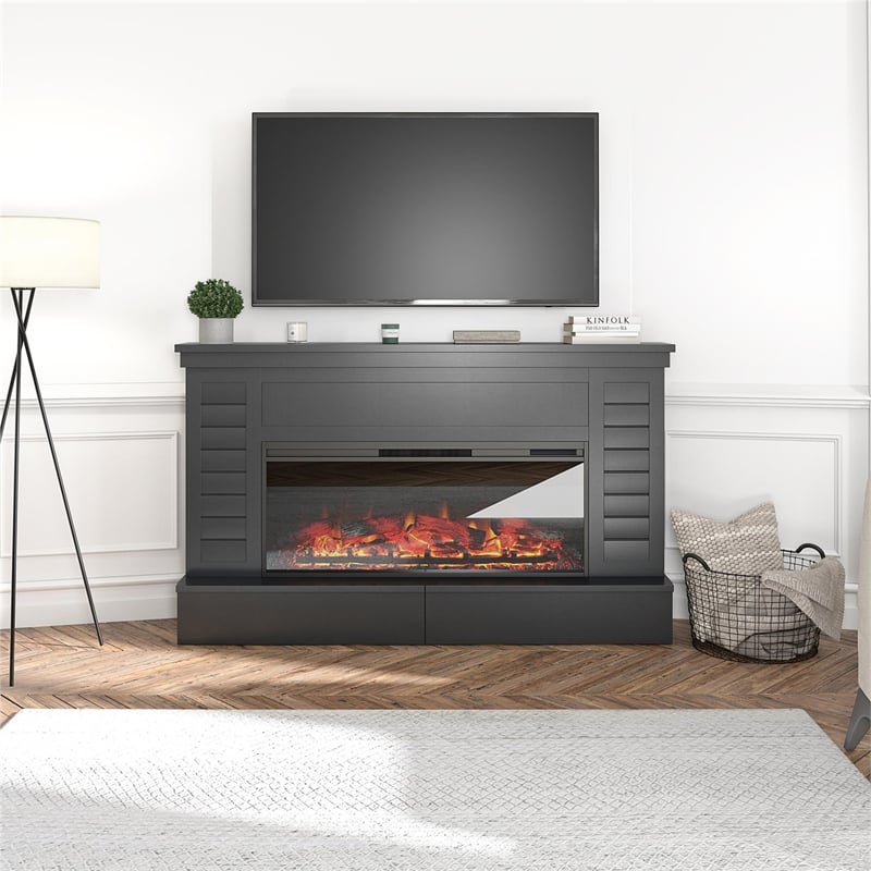Ameriwood Home Hathaway Wide Shiplap Mantel w/Electric Fireplace in Black