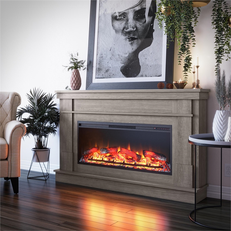 Ameriwood Home Elmcroft Wide Mantel w/ Linear Electric Fireplace in Rustic Gray