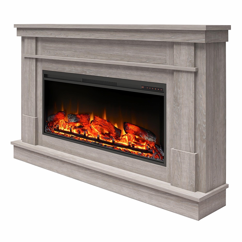 Ameriwood Home Elmcroft Wide Mantel w/ Linear Electric Fireplace in Rustic Gray