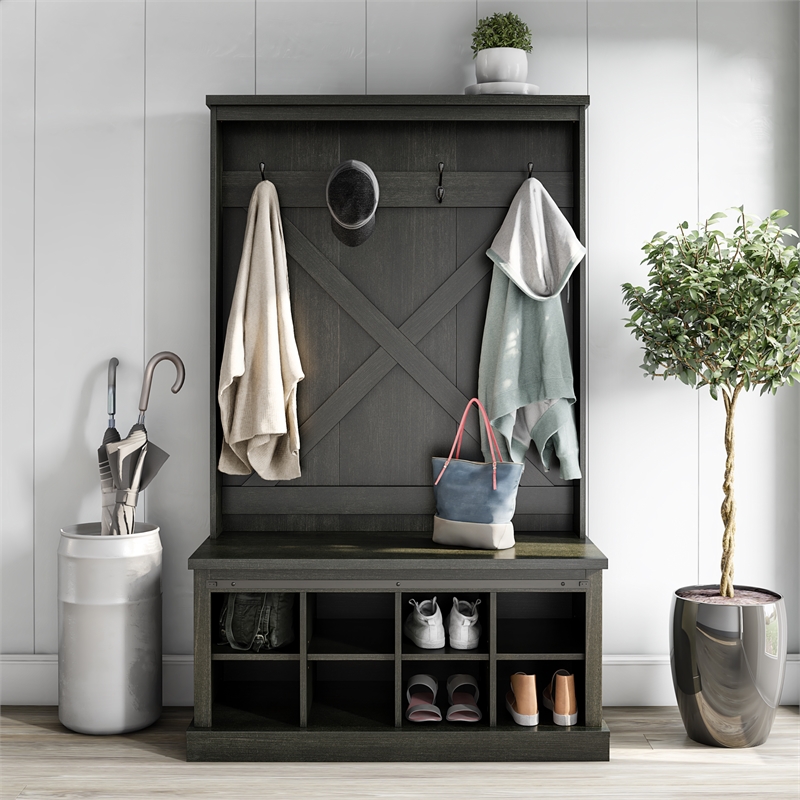 Ameriwood Home Knox County Entryway Bench Hall Tree w/Shoe Storage in Black Oak
