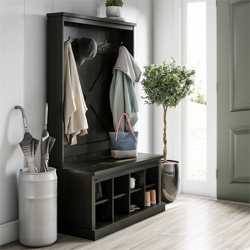 Ameriwood Home Knox County Entryway Bench Hall Tree w/Shoe Storage in Black Oak