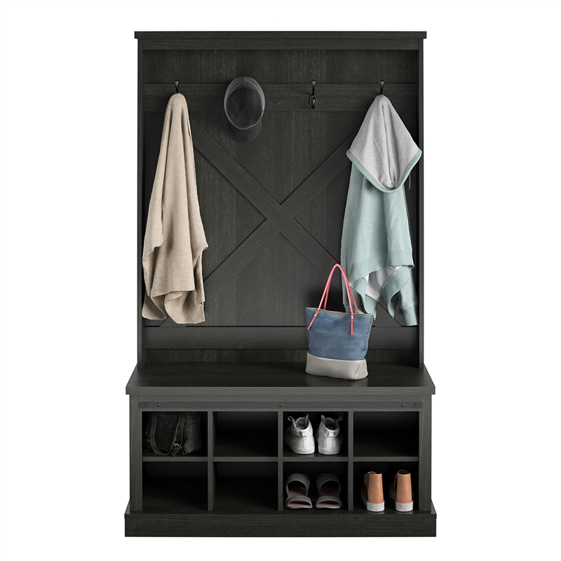 Ameriwood Home Knox County Entryway Bench Hall Tree w/Shoe Storage in Black Oak