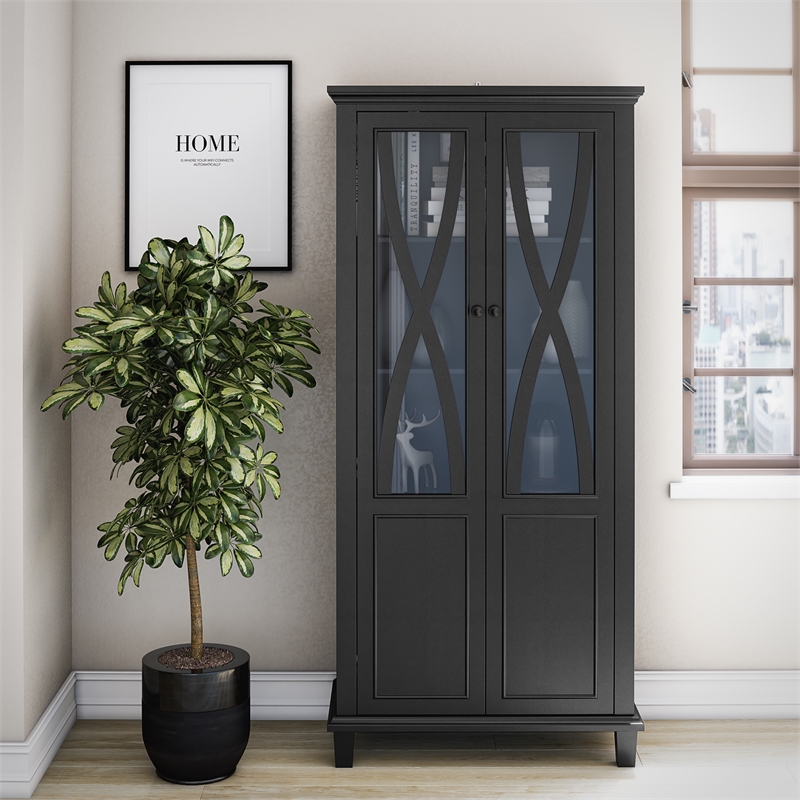 Ameriwood Home Ellington Tall Accent Cabinet with Glass Doors in Black