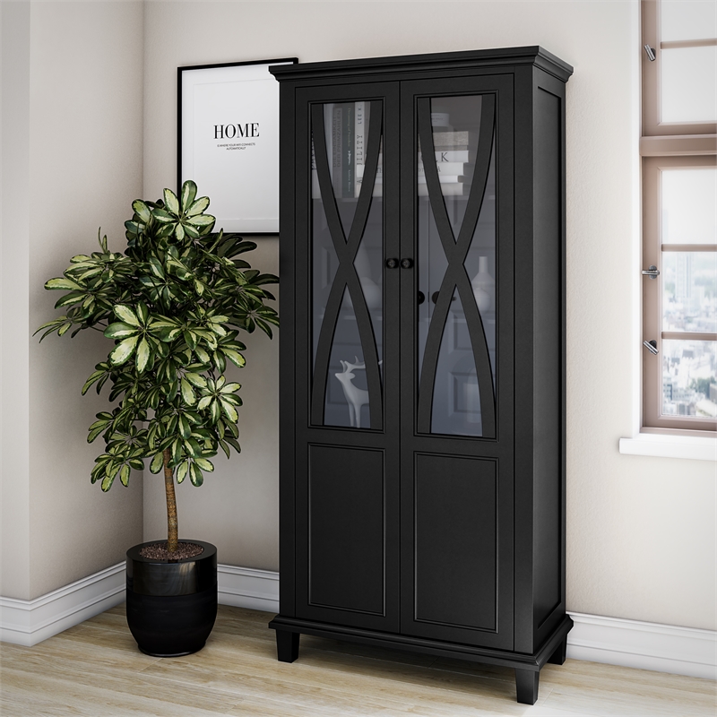 Ameriwood Home Ellington Tall Accent Cabinet with Glass Doors in Black