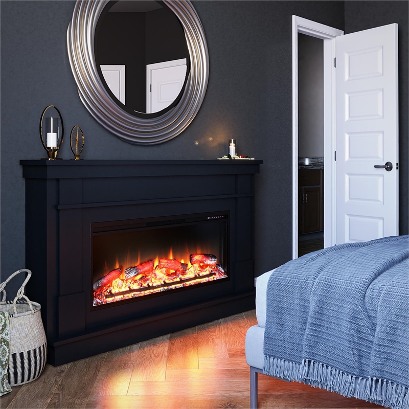 Elmcroft Wide Painted Mantel with Linear Electric Fireplace Black
