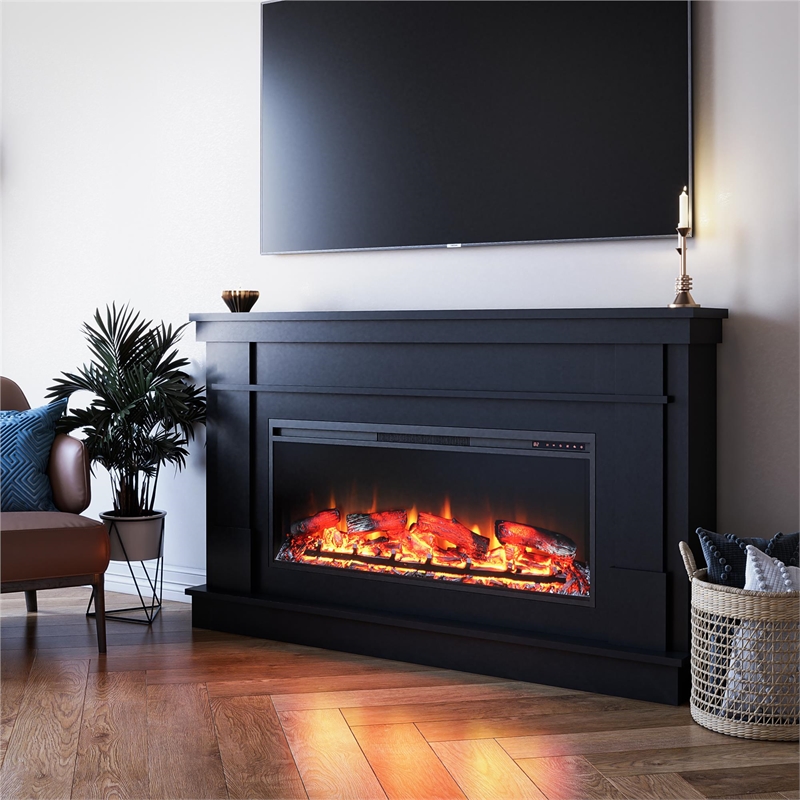 Elmcroft Wide Painted Mantel with Linear Electric Fireplace Black
