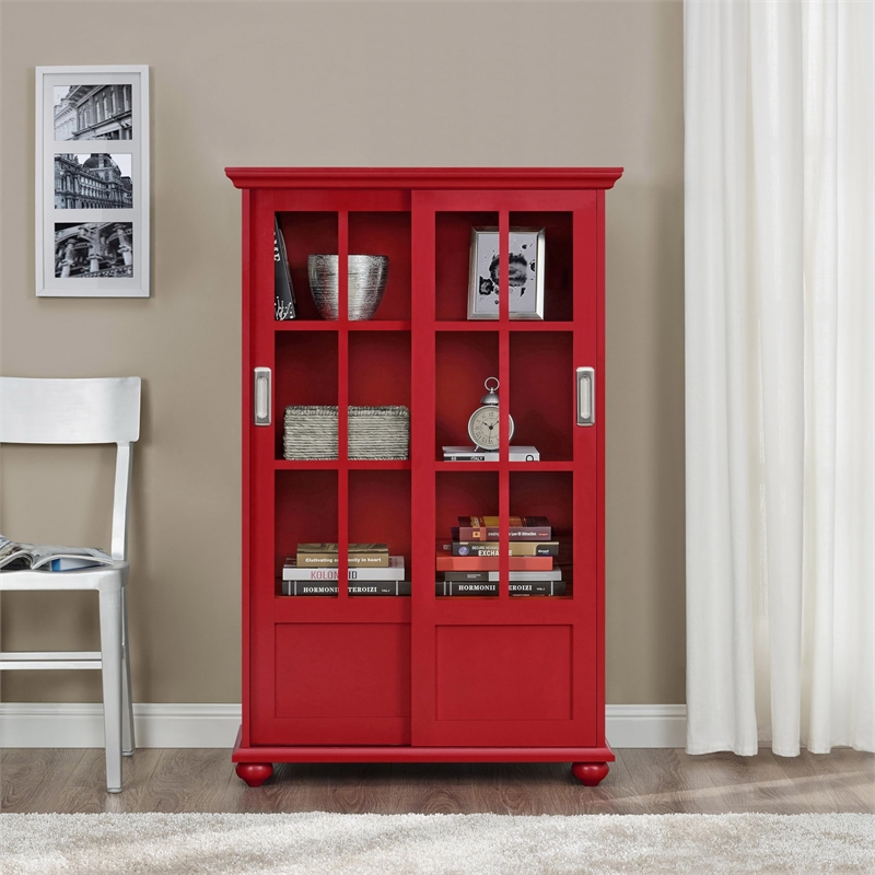 Altra Arron 4 Shelf Sliding Glass Door Bookcase in Red