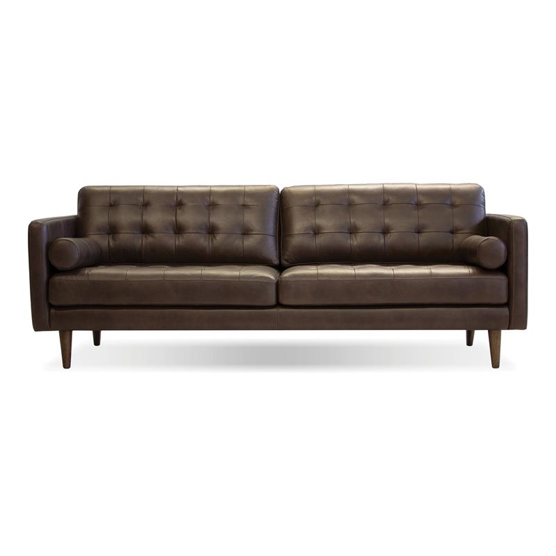 Mobital Baldwin Leather and Wood Sofa with Bolster Pillows in Chocolate