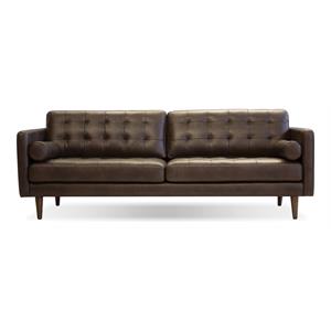 mobital baldwin leather and wood sofa with bolster pillows in chocolate