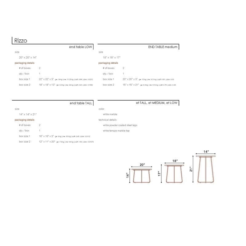 Mobital Rizzo Modern Marble and Powder Coated Steel Low End Table in White