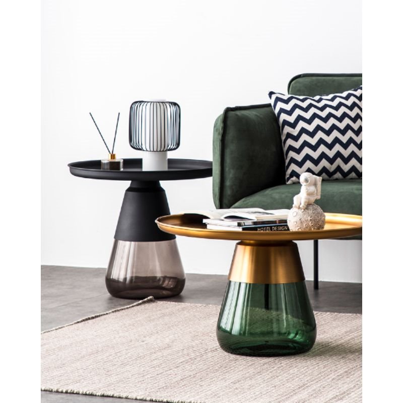 Mobital Duverre Modern Coffee Table with Antique Brass Top and Green Glass Base