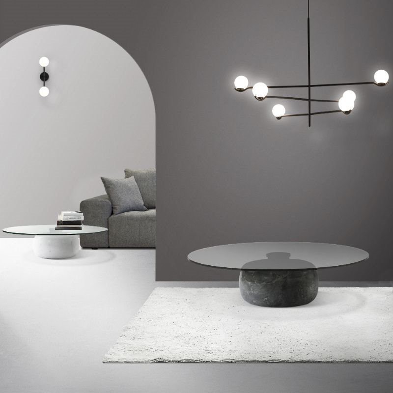 Mobital Skip Modern Tempered Glass Coffee Table in Smoke Gray Marble