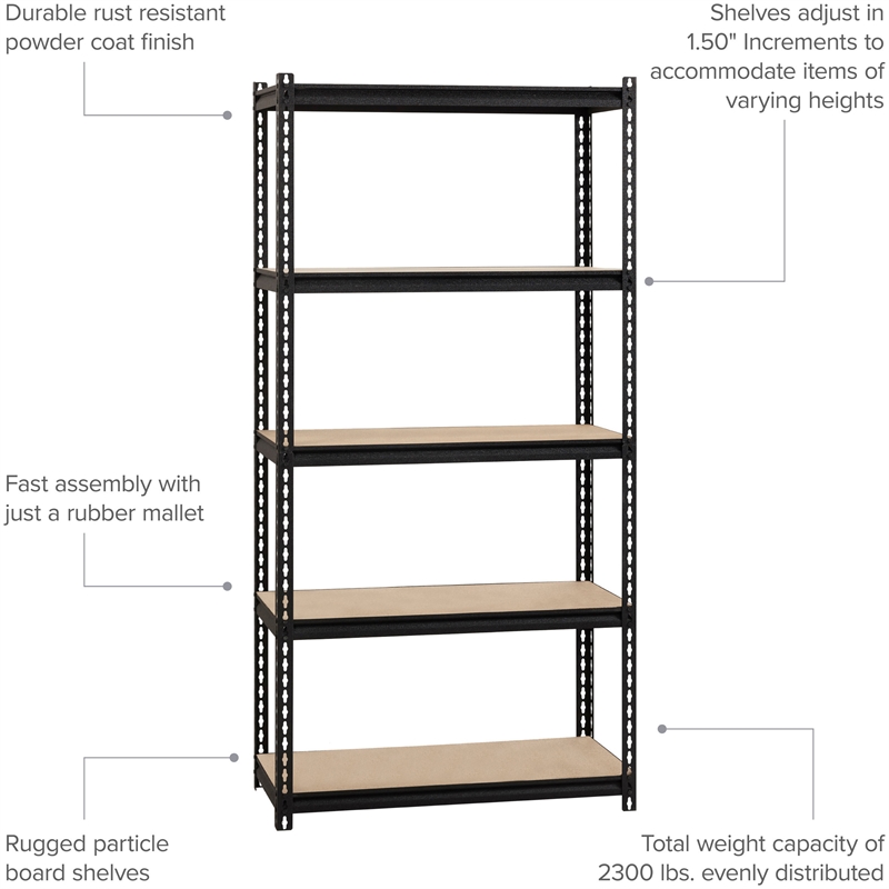 Iron Horse 2300 Riveted Metal Shelving 5-Shelf Unit 18D x 36W x 72H Black