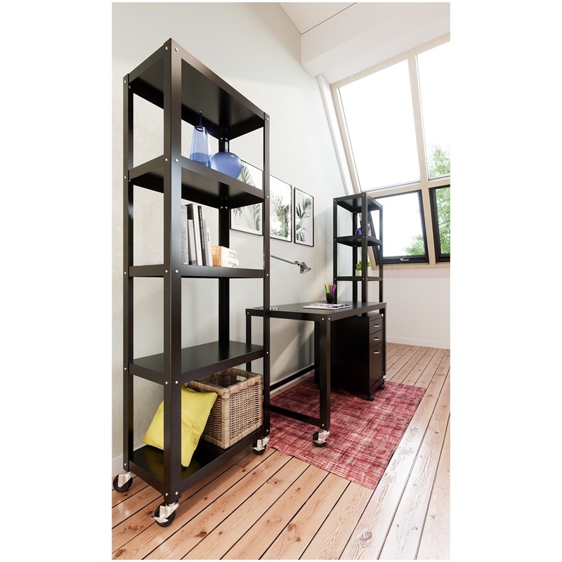 Space Solutions RTA 72-inch High Mobile 5-Shelf Metal Bookcase Black