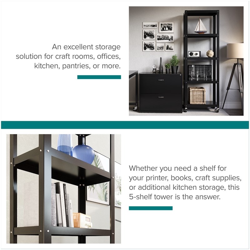 Space Solutions RTA 72-inch High Mobile 5-Shelf Metal Bookcase Black