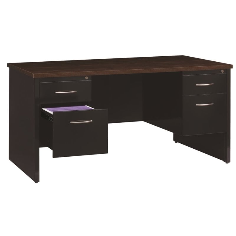 Hirsh 30D x 60W Double Pedestal Metal Desk Arch Pull Handles Black/Walnut