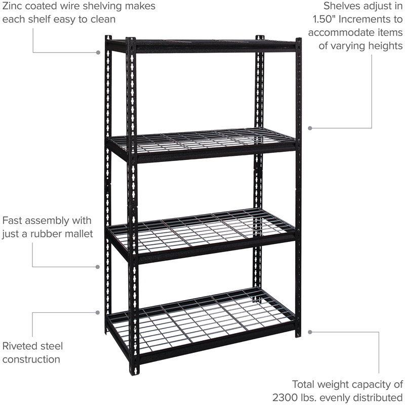 Hirsh 2300 Riveted Metal Wire Deck Shelving 4-Shelf Unit 18D x 36W x 60H Black
