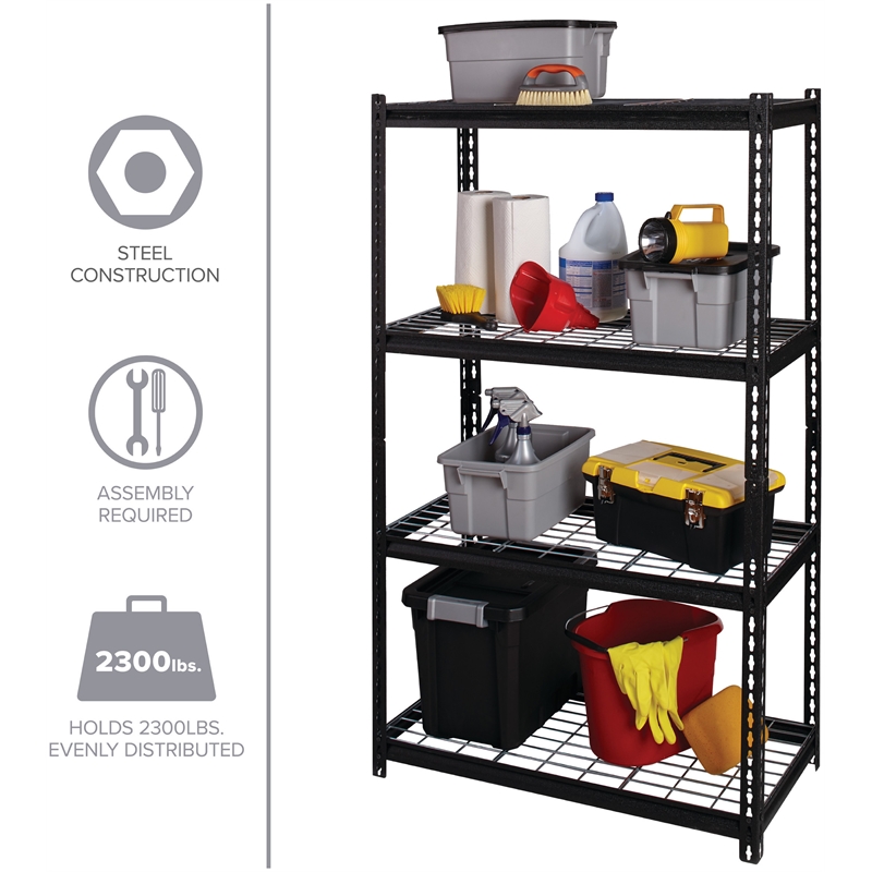 Hirsh 2300 Riveted Metal Wire Deck Shelving 4-Shelf Unit 18D x 36W x 60H Black