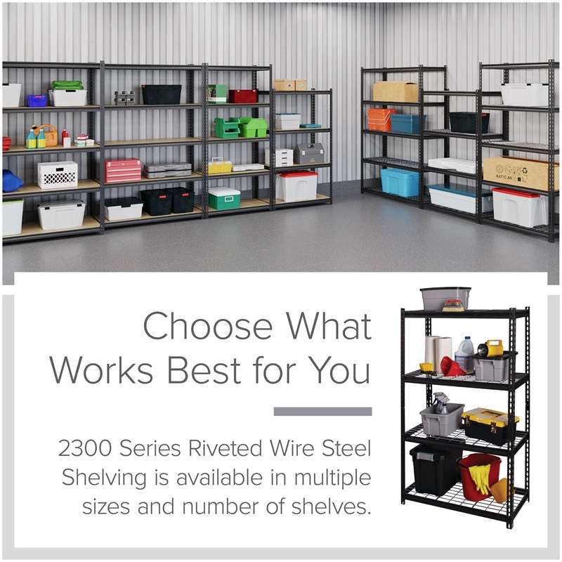 Hirsh 2300 Riveted Metal Wire Deck Shelving 4-Shelf Unit 18D x 36W x 60H Black