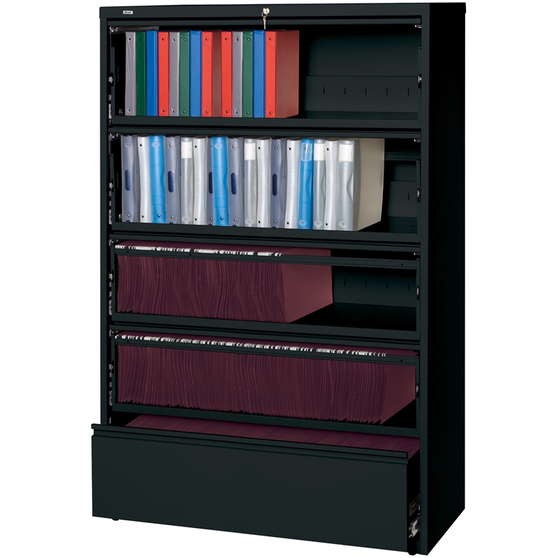 Hirsh 42-in Wide HL10000 5 Drawer Lateral File Cabinet. Roll-out Shelves. Black