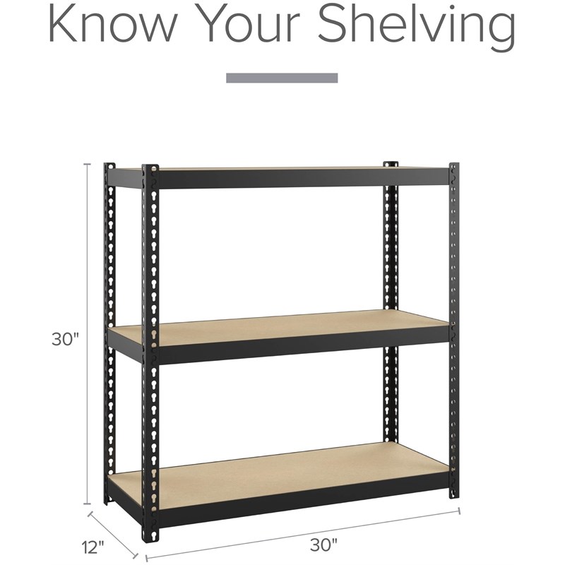 Space Solutions 1000 Riveted Metal Shelving 3-Shelf Unit 12D x 30W x 30H Black