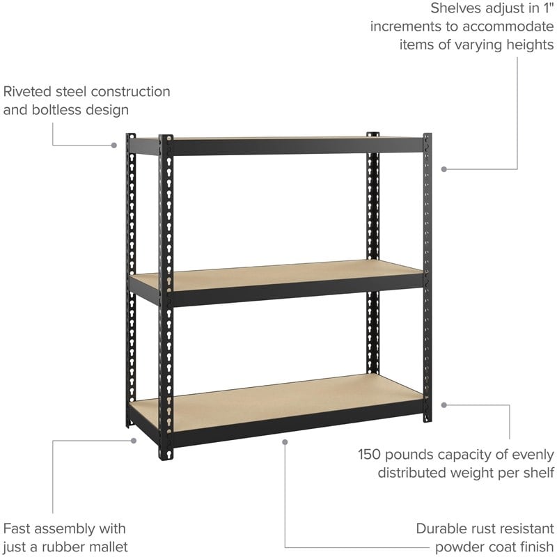 Space Solutions 1000 Riveted Metal Shelving 3-Shelf Unit 12D x 30W x 30H Black