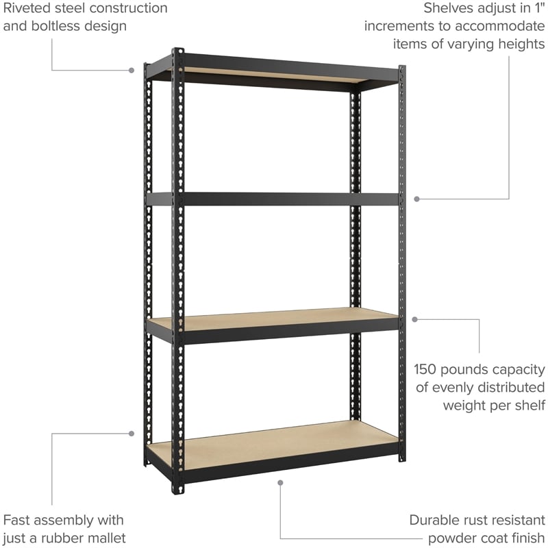 Space Solutions 1000 Riveted Metal Shelving 4-Shelf Unit 12D x 30W x 48H Black