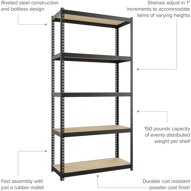 Space Solutions 1000 Riveted Metal Shelving 5-Shelf Unit 12D x 30W x 60H Black
