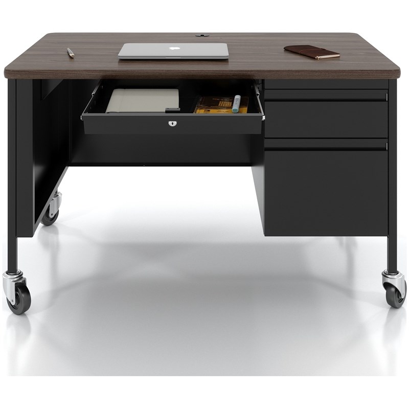 Hirsh 30x48 Mobile Right Hand Single Pedestal Metal Desk T Top Black/Walnut