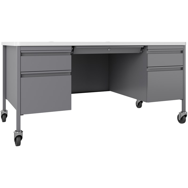 Hirsh 30x60 Mobile Double Pedestal Metal Desk with T Top Silver/White