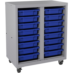 mobile metal bin storage cabinet with 16 plastic tote bins silver/blue