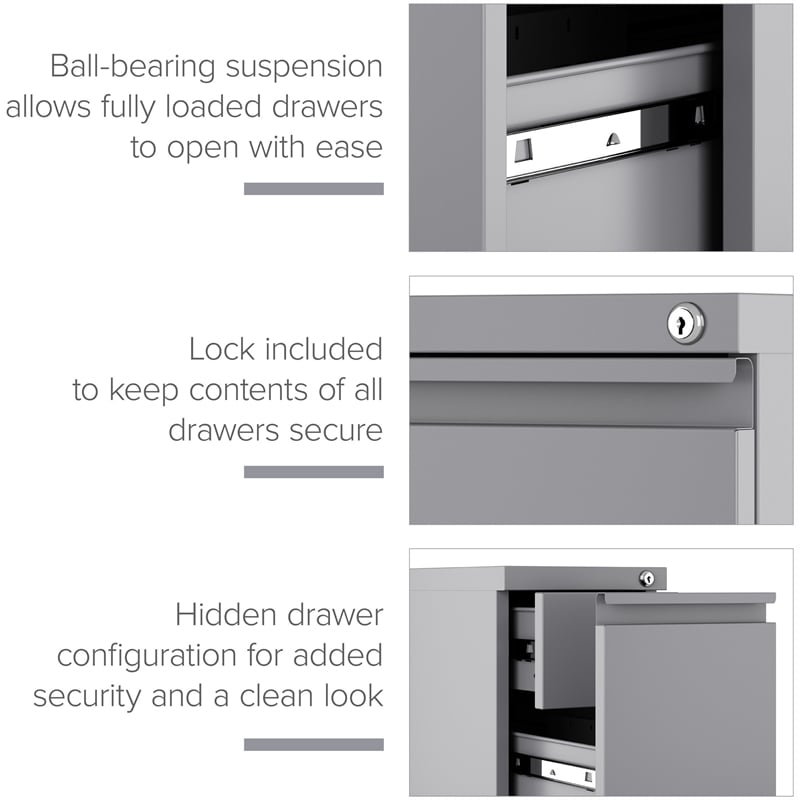 Hirsh 20-inch Deep Mobile Zip Pedestal 2-Drawer Box/File. Hidden Drawer. Silver